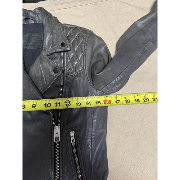 AllSaints Leather Biker Jacket Womens 4 Gray Conroy Quilted Shoulders Moto Zip - Picture 15 of 15